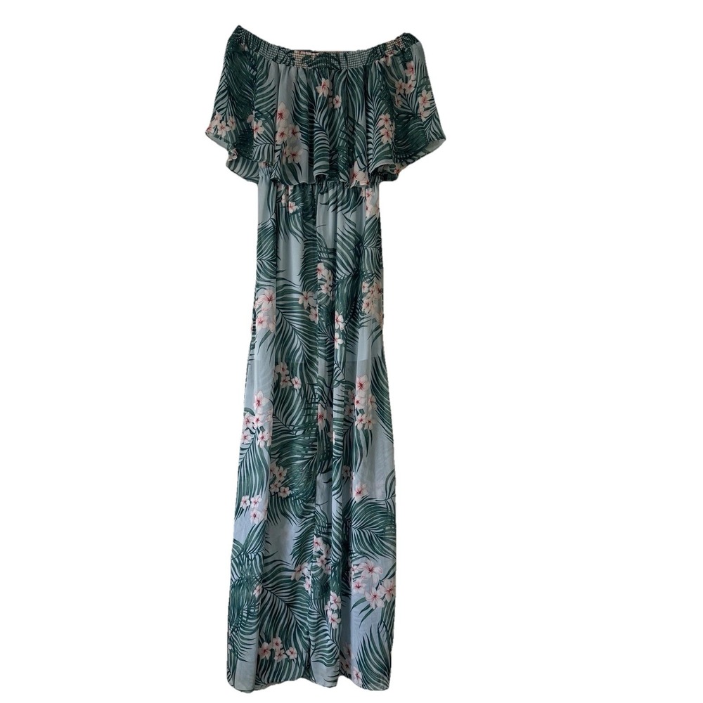 MUMU Show Me Your Mumu Hacienda Maxi Dress M Teal Off Shoulder Tropical Floral